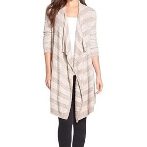 New $110 Barefoot Dreams Bamboo Chic Lite Calypso Taupe/Pearl Striped Cardi\ S/M